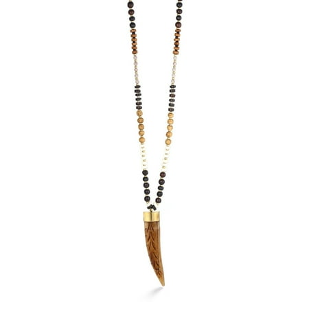 Brown Bead Necklace - TAZZA WOMEN'S BROWN AND IVORY BEADS HORN PENDANT LONG NECKLACES