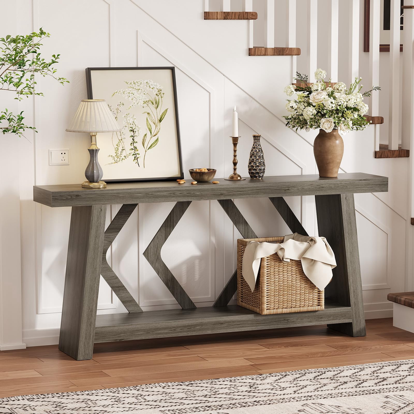 70.9 Inch Extra Long Console Table, 2-Tier All-Wood Sofa Table with Sturdy Trapezoid Legs, Entryway & Hallway Table for Living Room, Foyer