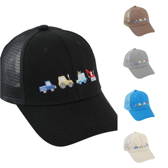 Oiyii Toddler Boy's Breathable Trucker Hats Embroidered Vehicle Print Outdoor Baseball Caps, Black