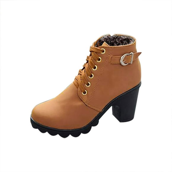 jsaierl Metal Solid Color Round Toe Thick Side Zipper Winter Women's Leather Boots