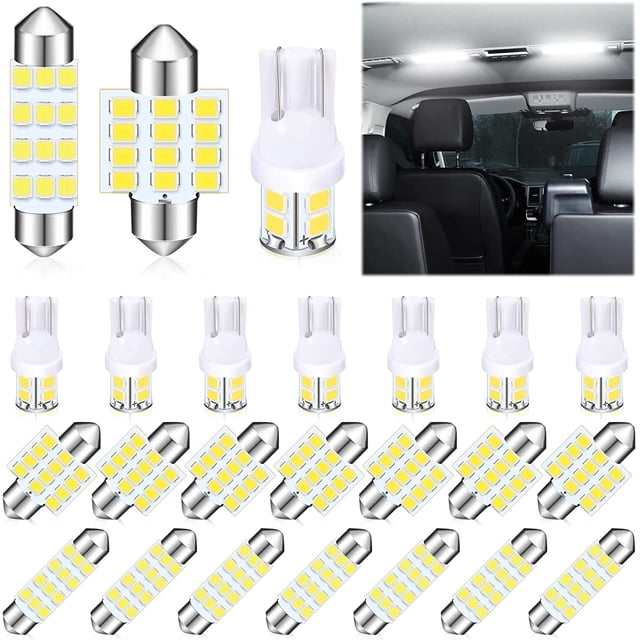 LAICAIW ABEN 24 Pieces Dome Light LED Car Bulb Kit Set featuring T10, 31 mm, and 42 mm festoon bulbs in white. Includes 24 LED bulbs in assorted sizes: T10 bulbs measuring 25 x 10 mm, 31 mm bulbs measuring 31 x 20 mm, and 42 mm bulbs measuring 41 x 10 mm. Designed for compatibility with various sockets such as W5W, 12V, 2825, 192, 194, and more. Made of durable PC and LED materials with a 6500K color temperature, 12V DC voltage, and 3W power. Suitable for car interior lighting applications like map lights, courtesy lights, and door lights. Easy to install with positive and negative polarity. Shown in a layout with individual bulbs and an example of interior car lighting.