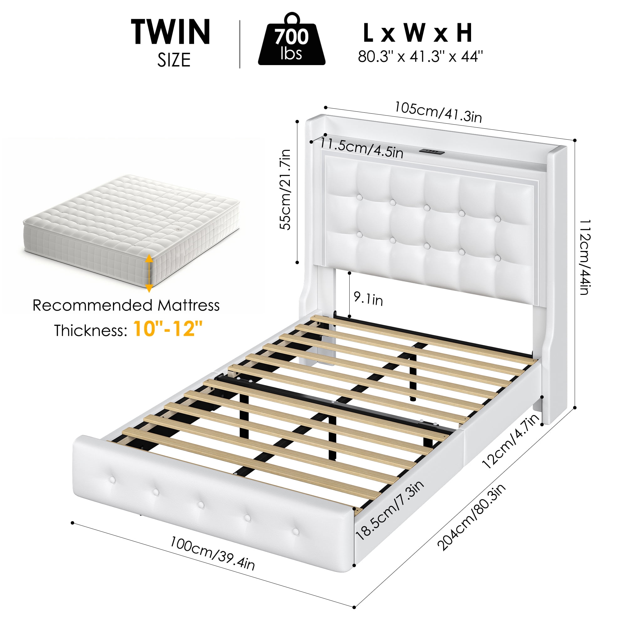 Homfa Twin Size Floating Bed with LED Lights Charging Station, Modern PU Upholstered Platform Bed with Storage Headboard, White