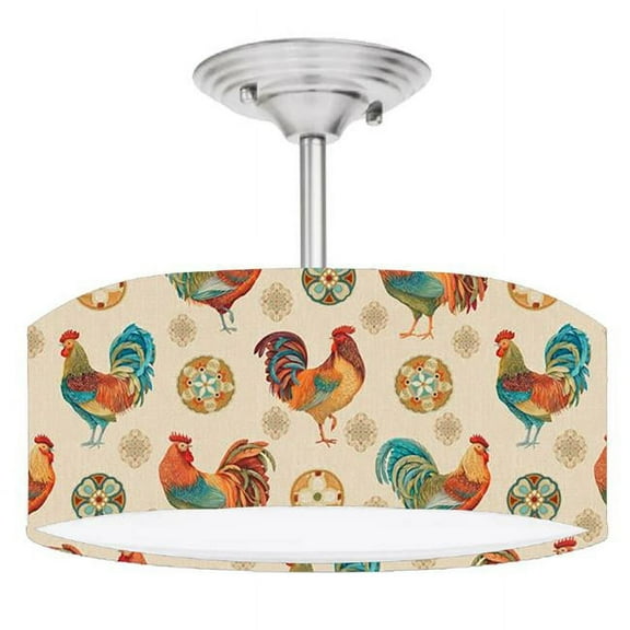 888 Cool Fans DR-0001113 French Country Farmhouse Chicken Medallion Brushed Nickel Drum LED Lamp Fixture