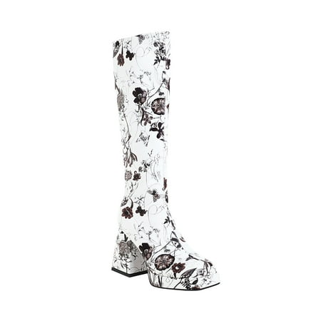 

Lovskoo 2024 Cowboy Boots for Women Wide Calf Chunky Stacked Heel Platform Square Toe Large Size Floral Color Matching Knee Length High Riding Boots White