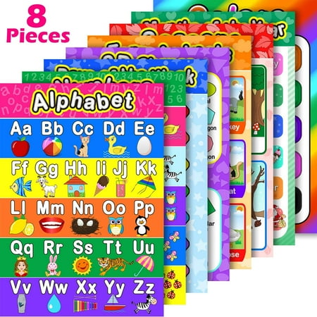 8 Educational Preschool Posters for Toddler and Kid Learning with 60 Glue Point Dot for Nursery Preschool Homeschool Kindergarten Classroom - Teach Numbers Alphabet Colors Months and More 16 x 11 (Best Way To Teach Toddler Alphabet)