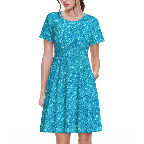 Kuqiui Blue Glitter Print Women's Short Sleeve A-Line Dress with Pockets, Casual Crew Neck Knee-Length Dress for Daily Wear