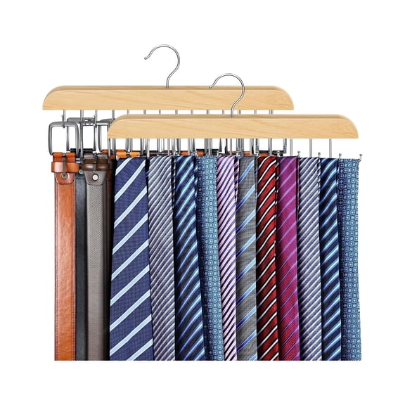 2-Pack Wooden Belt Hanger with 14 Hooks, Closet Organizer for Belts and Ties