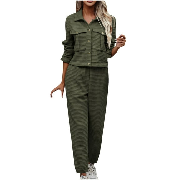 up to 60% off Gifts Deals Womens Lounge Set 2 Piece Outfits for Women Knitted Button Lapel Shirt Jacket and Wide Leg Long Pant Matching Set Casual Solid Coat 2 Piece Set with Pocket Fall Saving