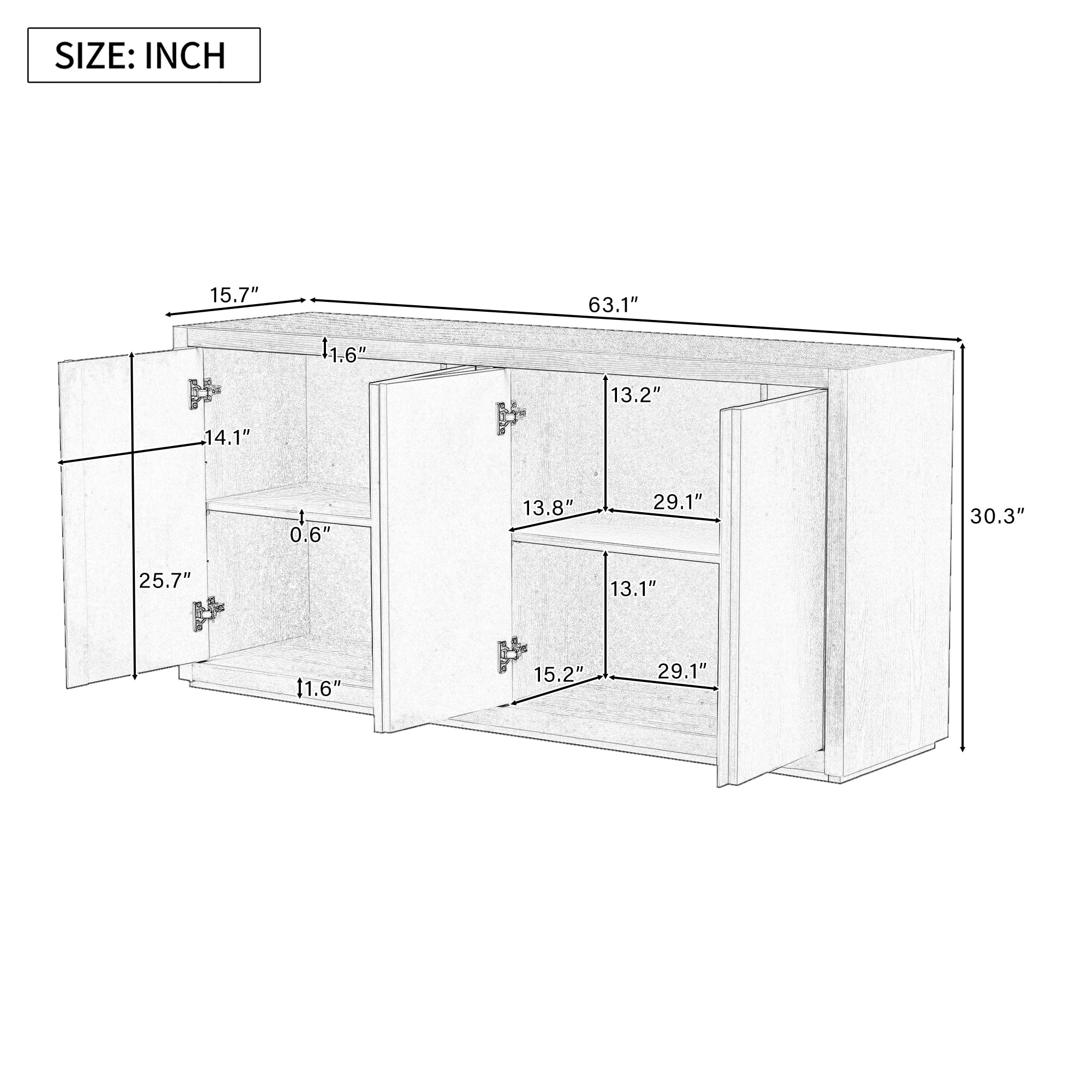 Lunale 63.1" Four-Door Sideboard Cabinet with Ash Veneer, Storage Buffet Cabinets for Entryway, Living Room, Black