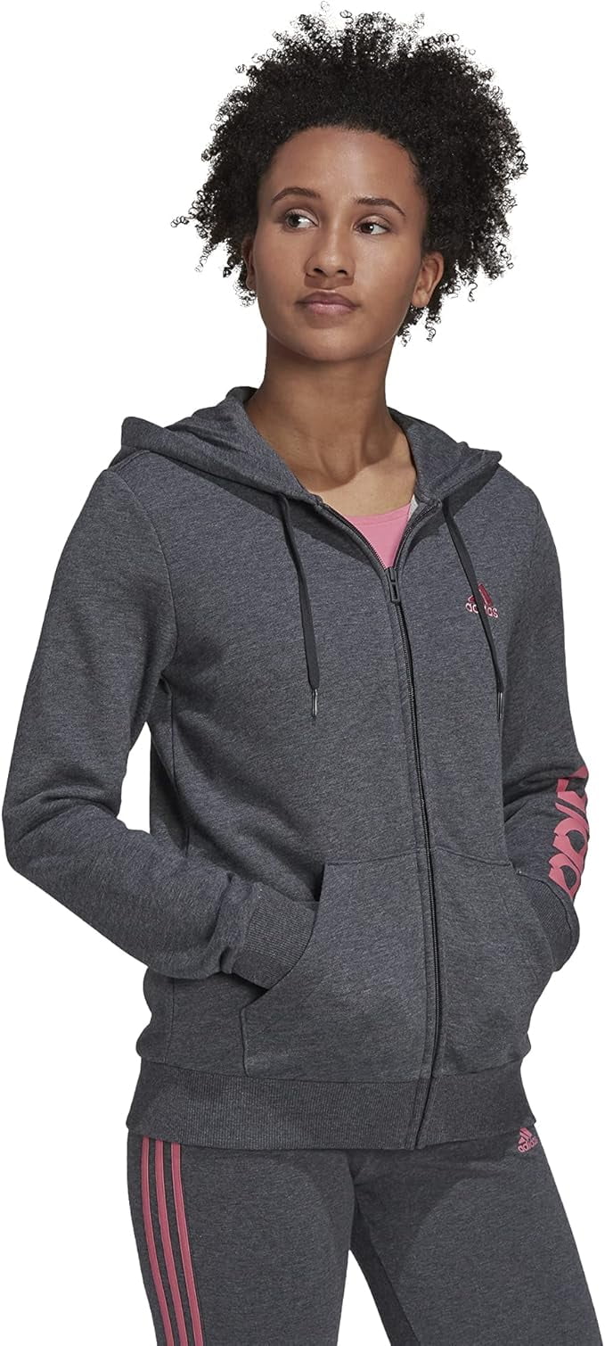 adidas Women's Essentials Logo Full-Zip Hoodie, Dark Grey Heather/Rose Tone, Small