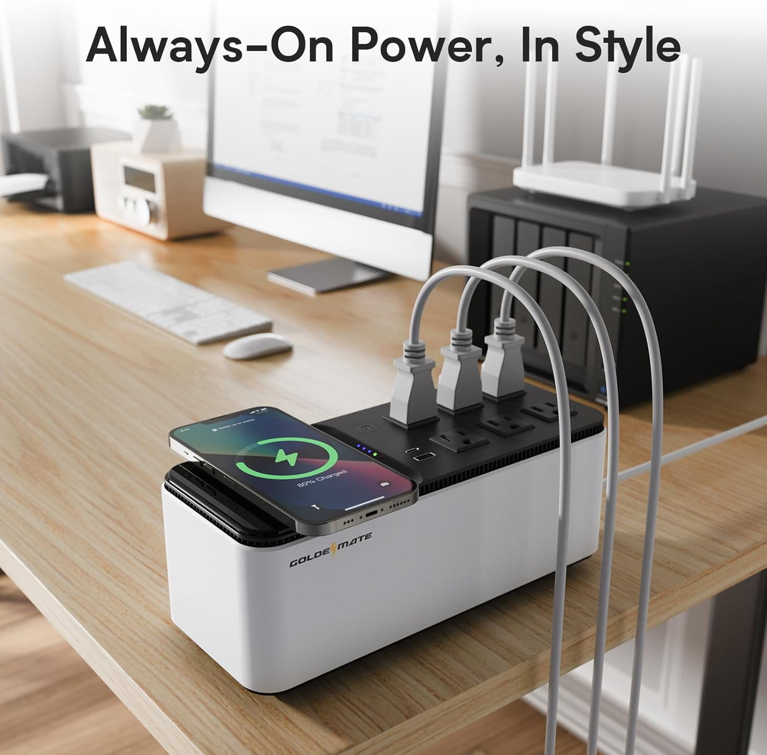 GOLDENMATE 600VA / 360W Lithium UPS Battery Backup & Surge Protector with Wireless Charging, 6 Outlets, USB Ports and LiFePO4 Battery