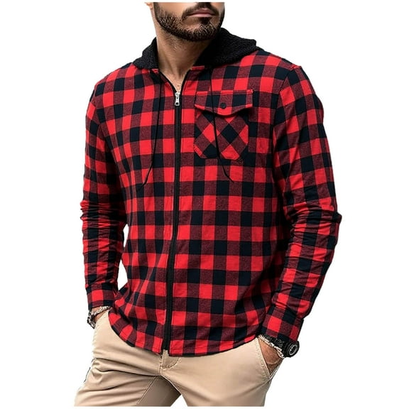 Dagegui Men's Plaid Hoodies Full Zip Up Long Sleeve Shirt Jackets Drawstring Hooded Shirts Top with Chest Pocket Red S