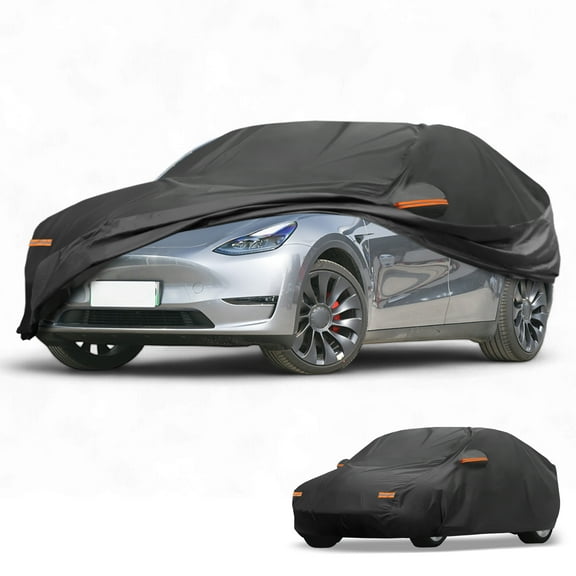 Unique Bargains Car Cover Waterproof All Weather Sun Rain Protection Full Exterior Cover for Tesla Model Y 2020-2024 210D-PU Black with Reflective Strips