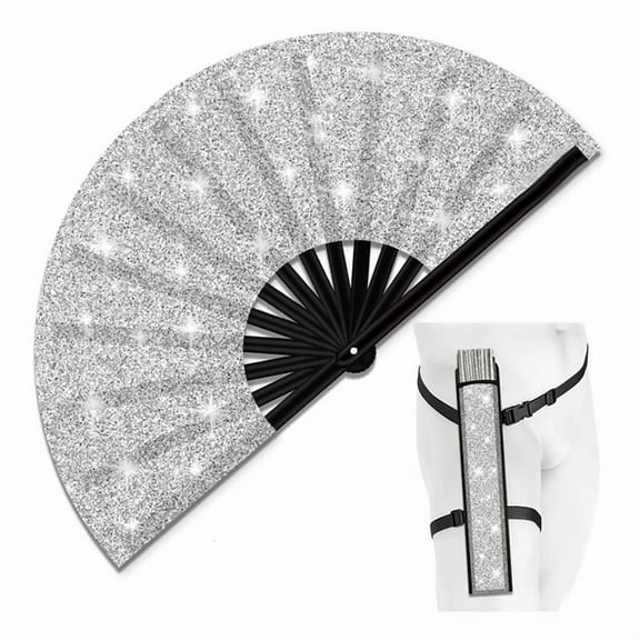 Glitter Large Rave Folding Hand Fan for Men/Women Handheld Fan for ,Festival,Club,Party,Dance Silver,1 * Hand Fan 1 * storage bag,Silver