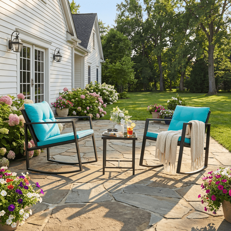 Vineego 3 Pieces Patio Conversation Sets Outdoor Rocking Chair PE Rattan Bistro Rocker with Coffee Table, Blue