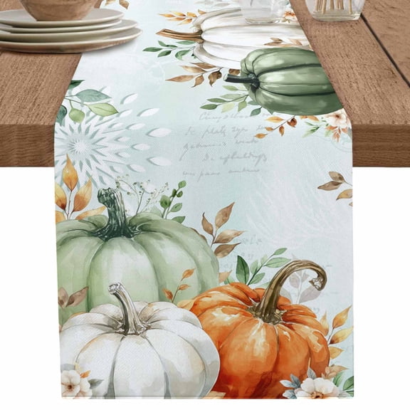 nqOlkjepod Green Orange Pumpkin Fall Table Runner 48 Inches Long Farmhouse Dress Scarves, Thanksgiving Leaves Floral Farmhouse Dining Tablerunner for Coffee Table/Kitchen Island/Party Décor, 13"x48"