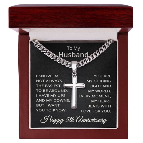 5th Anniversary Necklace for Husband 5 Years Anniversary Jewelry for Him Men Cuban Link Chain with Cross Pendant