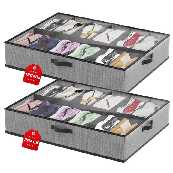 WEENEED 2 Pack Under Bed Shoe Storage Organizer for Closet, Foldable Underbed Shoe Box Container, Holds up to 24 Pairs, Gray