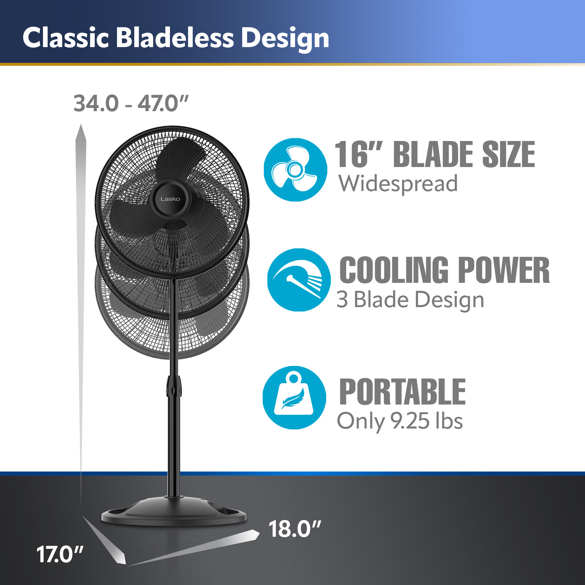 Lasko 16" Oscillating Adjustable Pedestal Fan with 3-Speeds, 47" H, Black, S16500, New - image 4 of 13