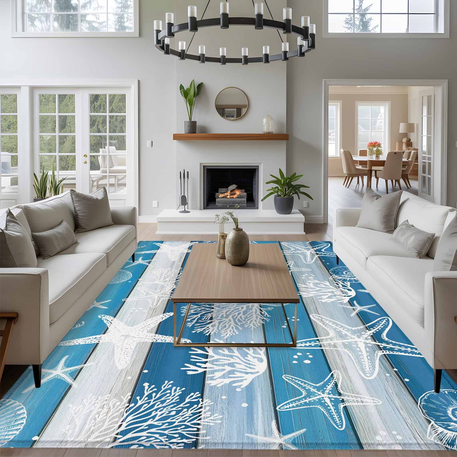 5'x7' Area Rugs for Living Room Bedroom, Blue Coastal Beach Washable Rug Carpet Runner Indoor Outdoor, Nautical Starfish Coral Vintage Wooden Non Slip Floor Mats Area Rug for Kitchen, Nursery