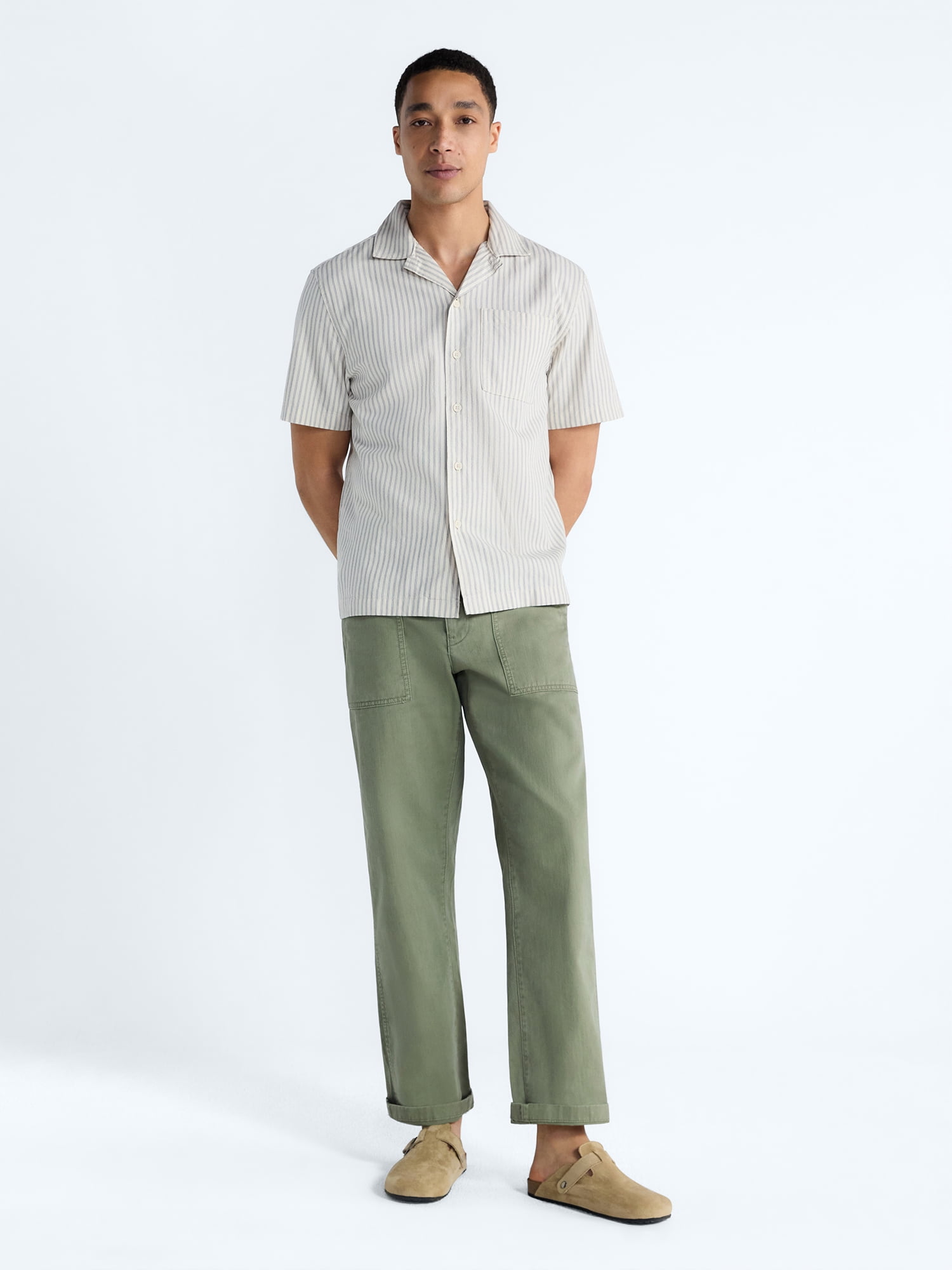 Free Assembly Men's Cotton Workwear Camp Shirt with Short Sleeves, Sizes S-3XL