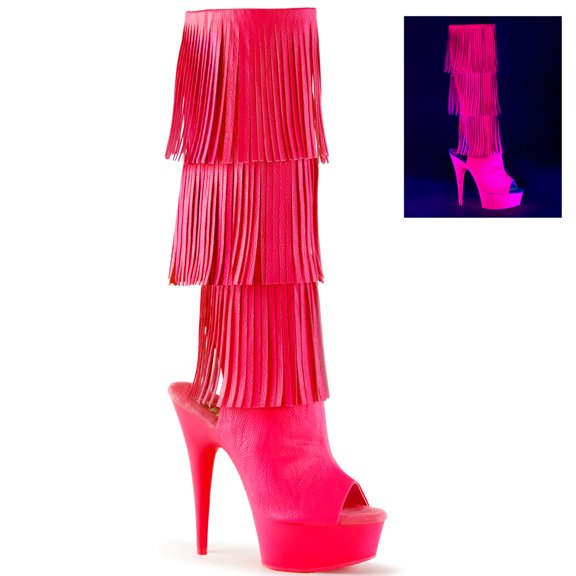 *6" Heel, 1 3/4" PF Open Toe/Heel Fringe Knee Boot, Side Zip - Neon H. Pink Faux Leather/Neon H. Pink, 5