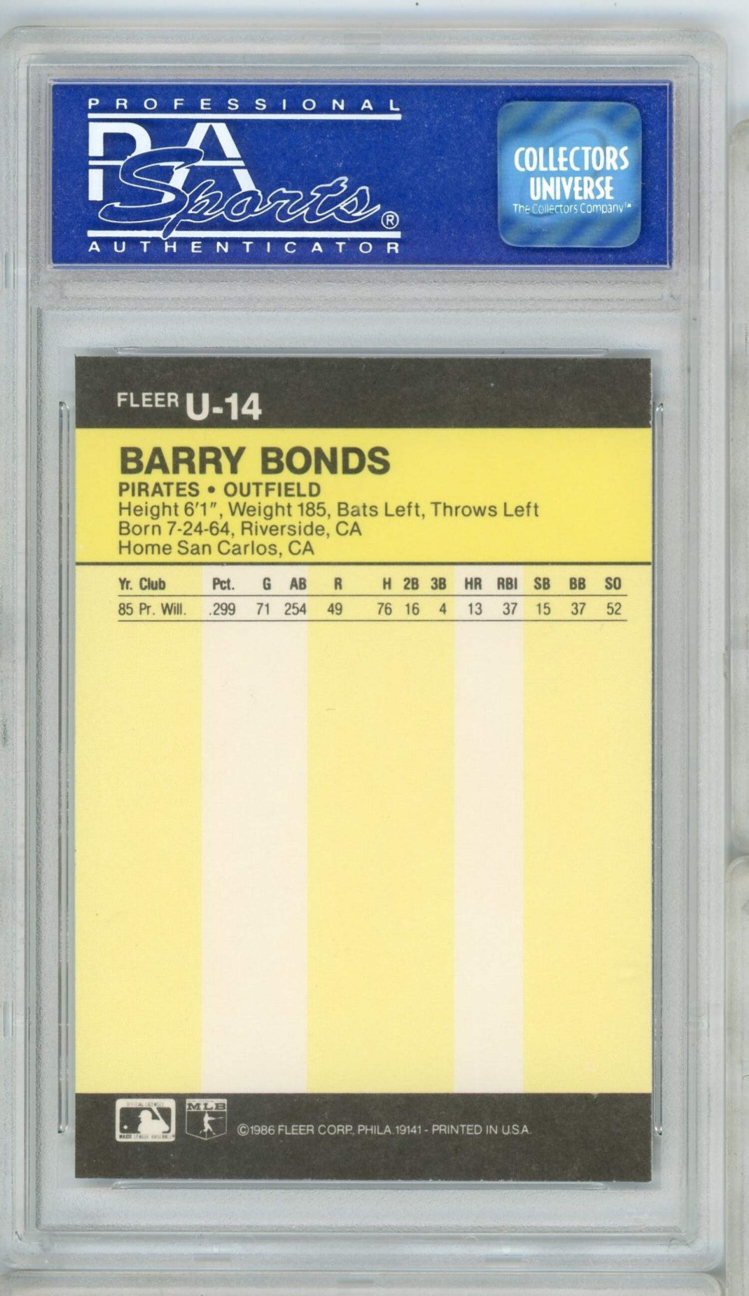 1986 Fleer Update Barry Bonds Rookie RC #U-14 PSA 9 Mint Pittsburgh Pirates
