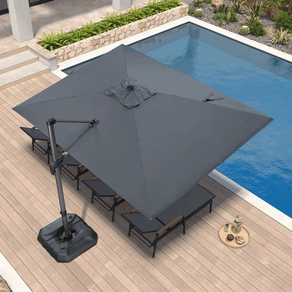 PURPLE LEAF Parasol Déporté Rectangulaire 9 X 11,5 Pi pour Terrasse Extérieure, Grand Parasol Suspendu, Parasol en Aluminium avec Rotation à 360°, Parasol de Jardin et de Piscine Ajustable, Gris