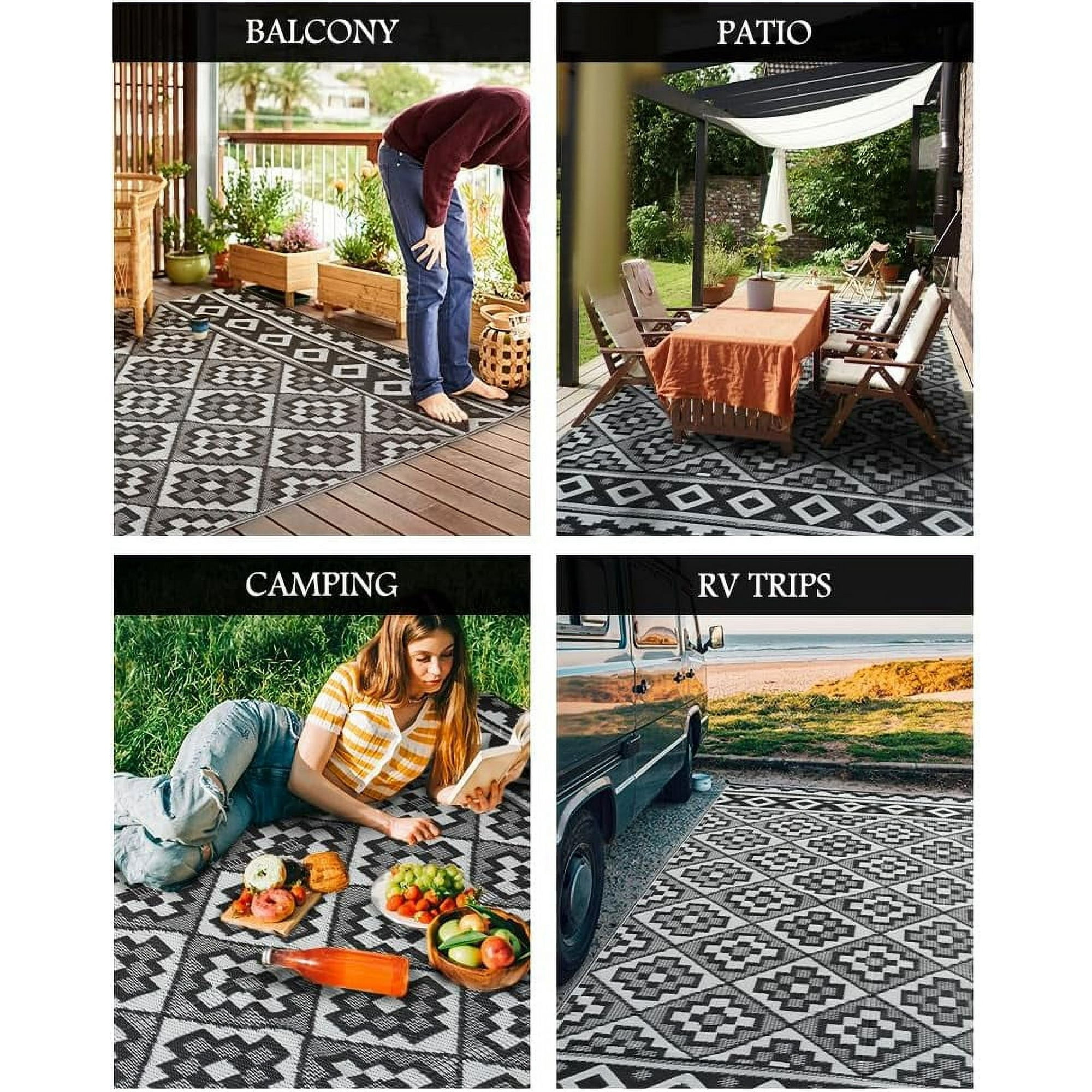 SIXHOME Outdoor Rug 5'x8' Waterproof Reversible Patio Rug Modern Lightweight Plastic Straw Indoor Outdoor Rug for RV Camping Deck Balcony Porch Boho Patio Decor Outdoor Carpet Black and Wite
