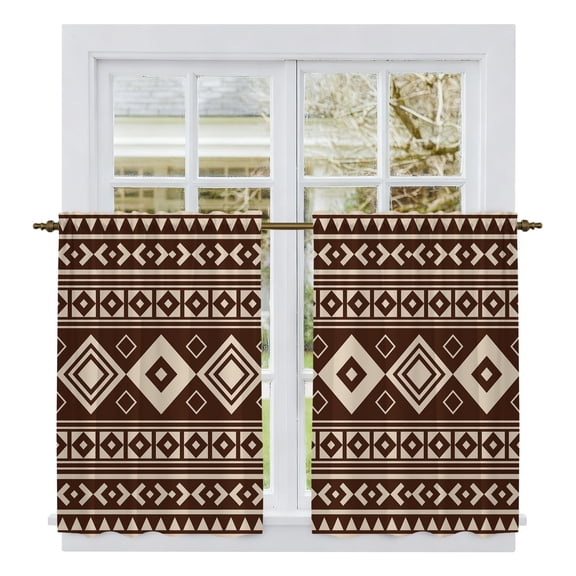 Boho Ethnic Tribe Kitchen Curtains 54 Inch Length, Brown Zen Southwest Middle Century Tiers Curtains for Bathroom Bedroom Cafe, Light Filtering Small Window Treatment Short Drapes 2 Panels 42"Wx54"L