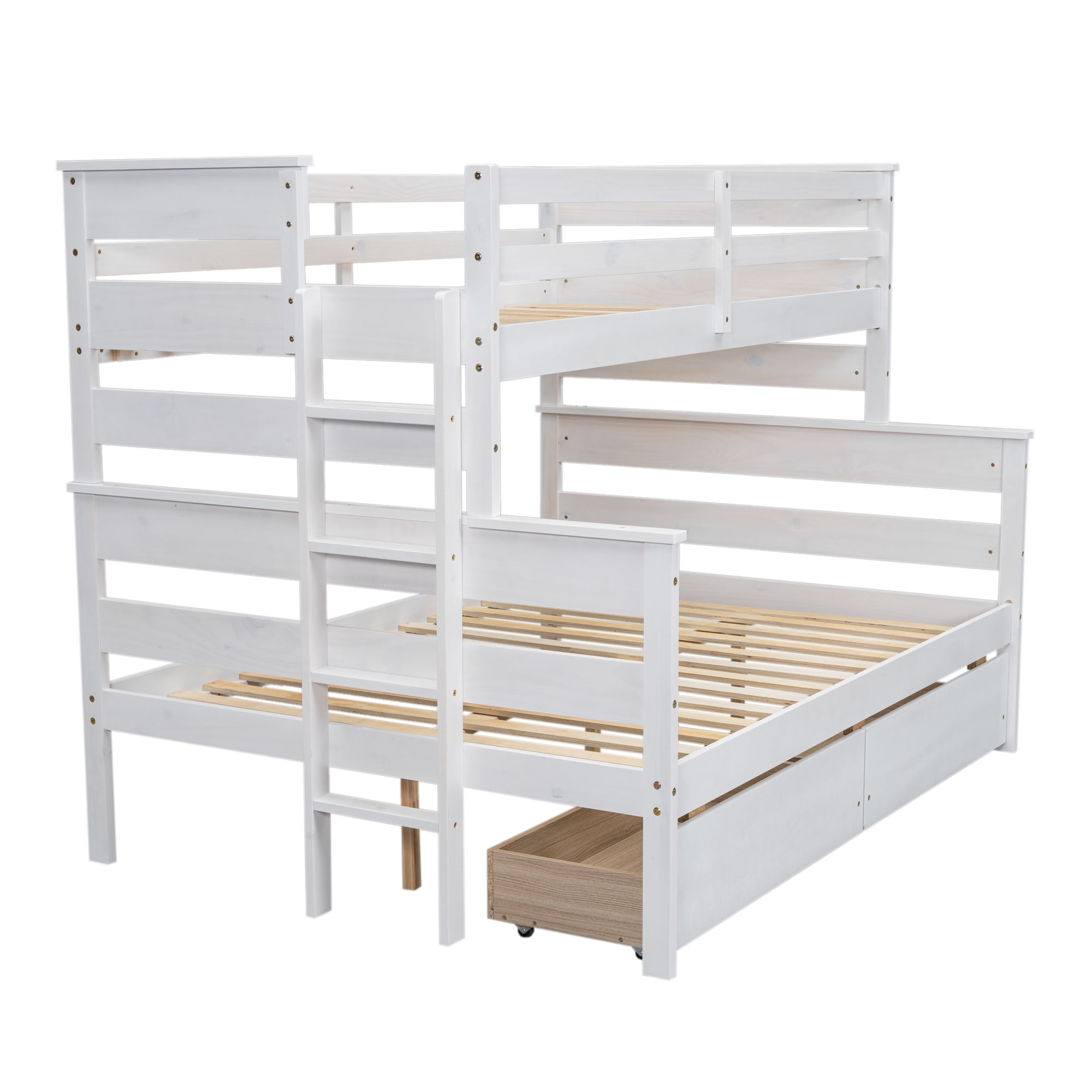 Euroco Wood Twin over Full Size Bunk Bed with Two Drawers, 2-in-1 Beds for Kids Teens Bedroom, Divided Bunk Bed Frame, White