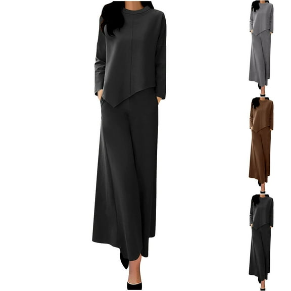Miluxas Women's Fall 2 Piece Outfits Solid Color Casual Long Sleeve Round Neck Top Wide Leg Pantskirt Set Gray 10(XL)