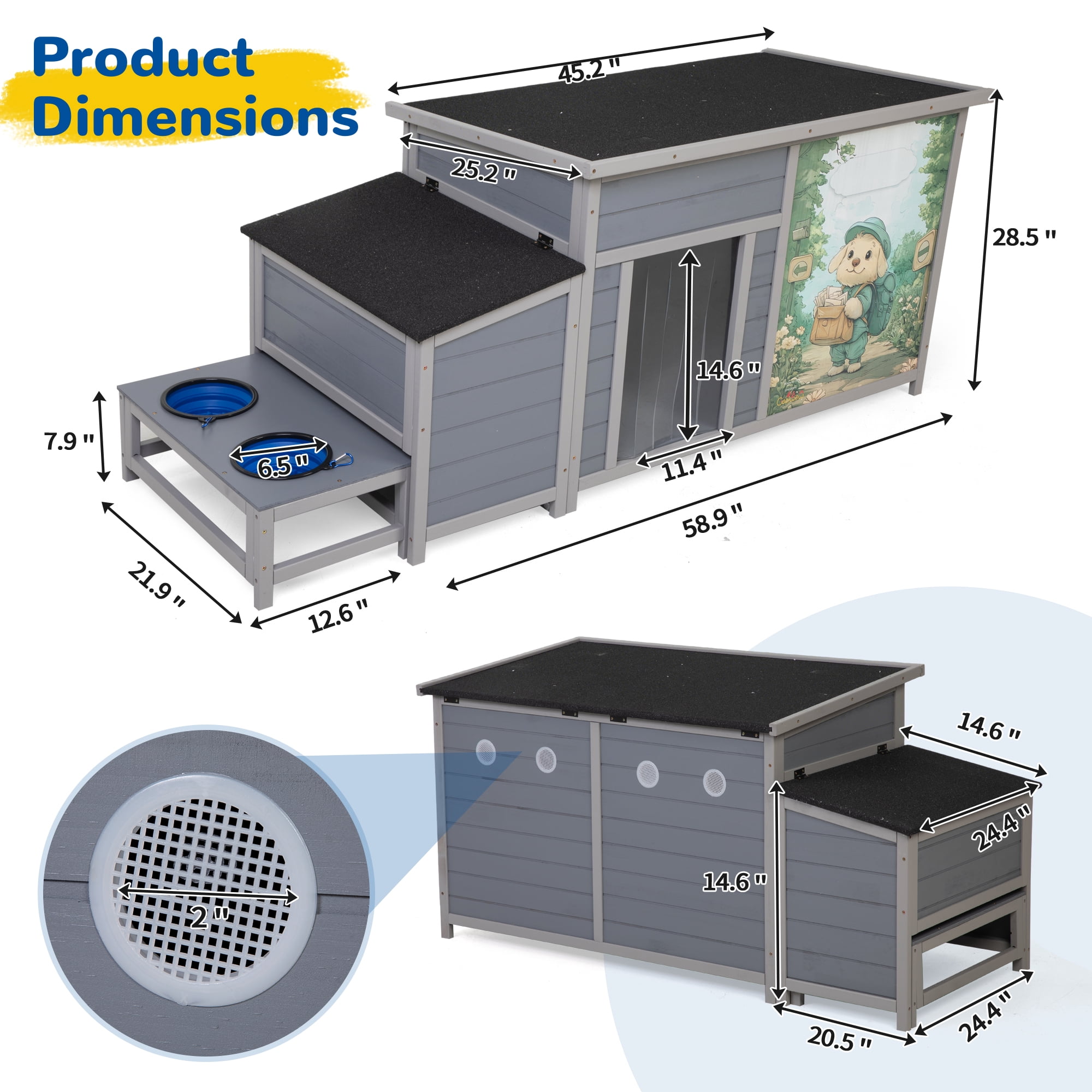 Jaxpety Dog House Outdoor Wooden Dog Kennel for Medium to Large Dogs with Weatherproof Roof, Slow Food Bowls, Storage Box