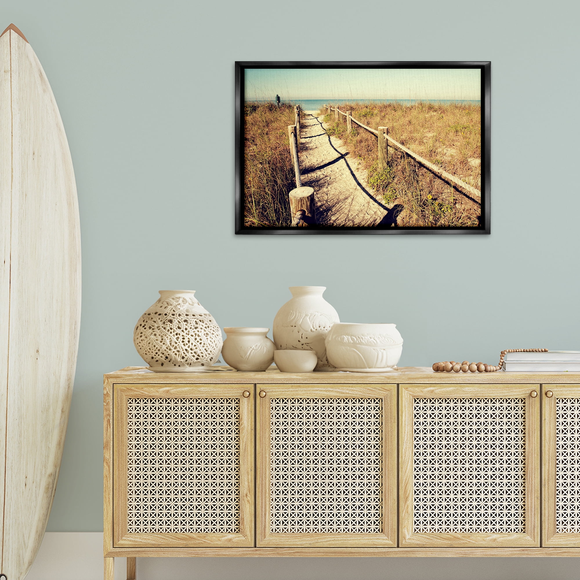 Stupell Industries Sandy Path Railing Landscape & Nature Photography Black Floater Framed Canvas Art Print Wall Art, 31 x 21