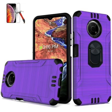 Phone Case For Nokia G300 5G (Straight Talk) with Ring Stand + Screen Protector / Dual Layered Case (Metallic Purple +Tempered Glass +2in1Ring )