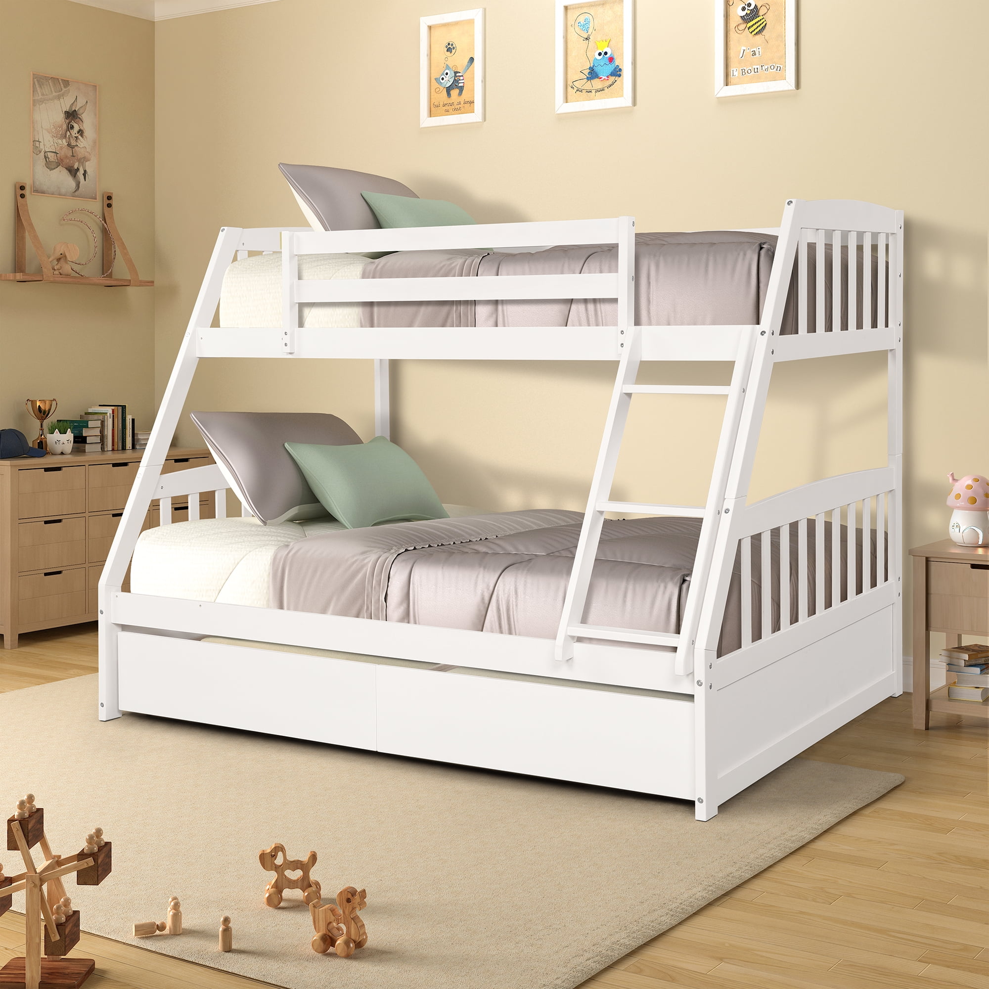 Twin over Full White Wood Bunk Bed Kids Boys Girls Bedroom Furniture 