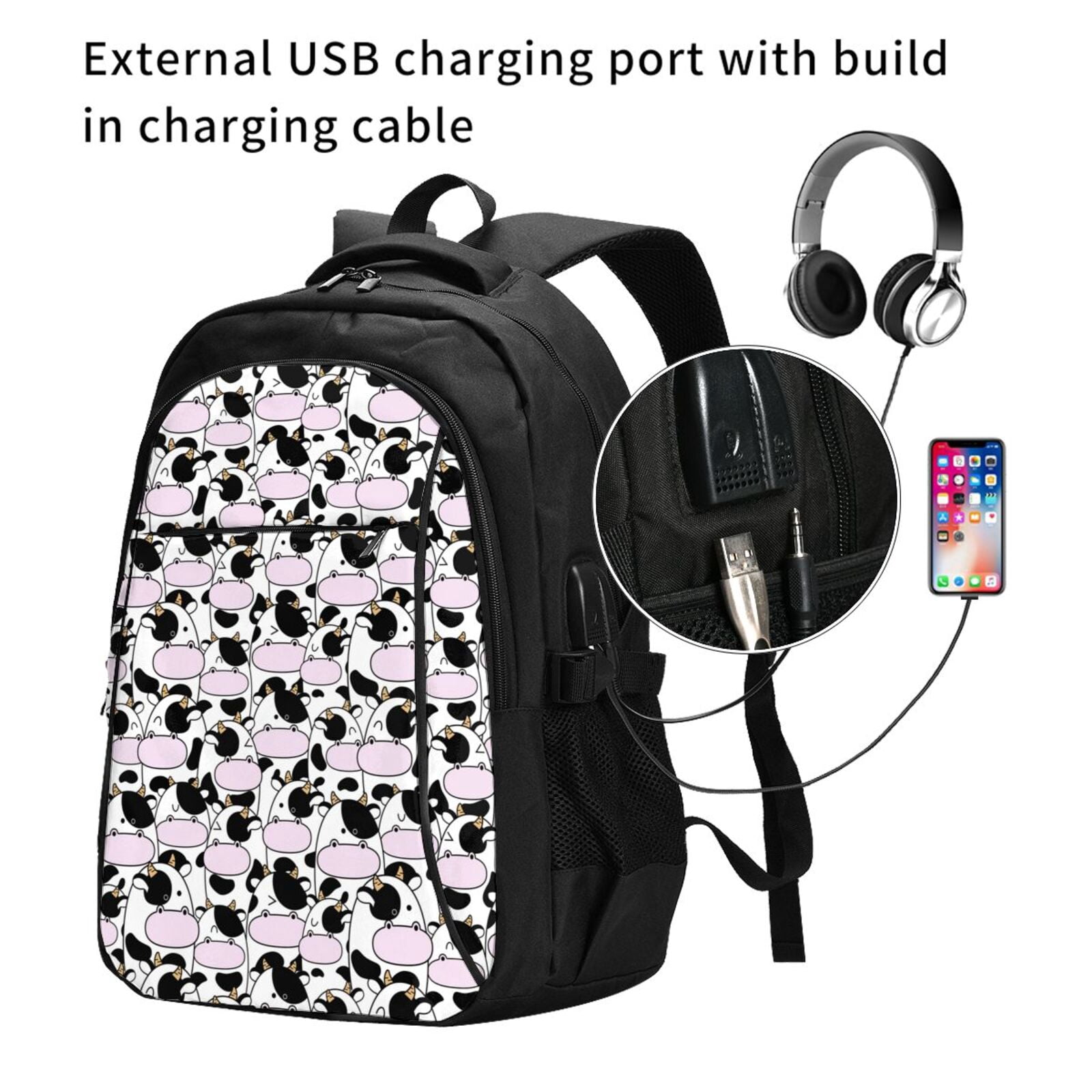 Vsdgher Cute Animal with Cow Print Travel Laptop Backpack, Laptops Backpack with USB Charging Port, Water Resistant Computer Bag Gift for Men & Women
