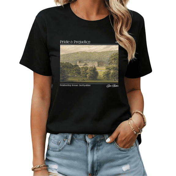 Pride and Prejudice Pemberley House Jane Austen Graphic Tees Womans Tshirt Shirts Black White S-5XL Tops