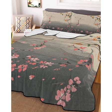 Chinese Ink Painting King Size Down Alternative Comforter, Lightweight Comforter Quilt Bedding Set with Pillow Shams Pink Peach Blossom Branches All Seasons Bed Comforter Duvet Insert 96"x106"