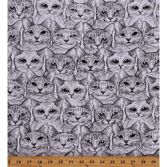 Jersey Knit Cats Kittens Animals Faces Black White 54" Wide Cotton Knit Fabric by the Yard (C56966)