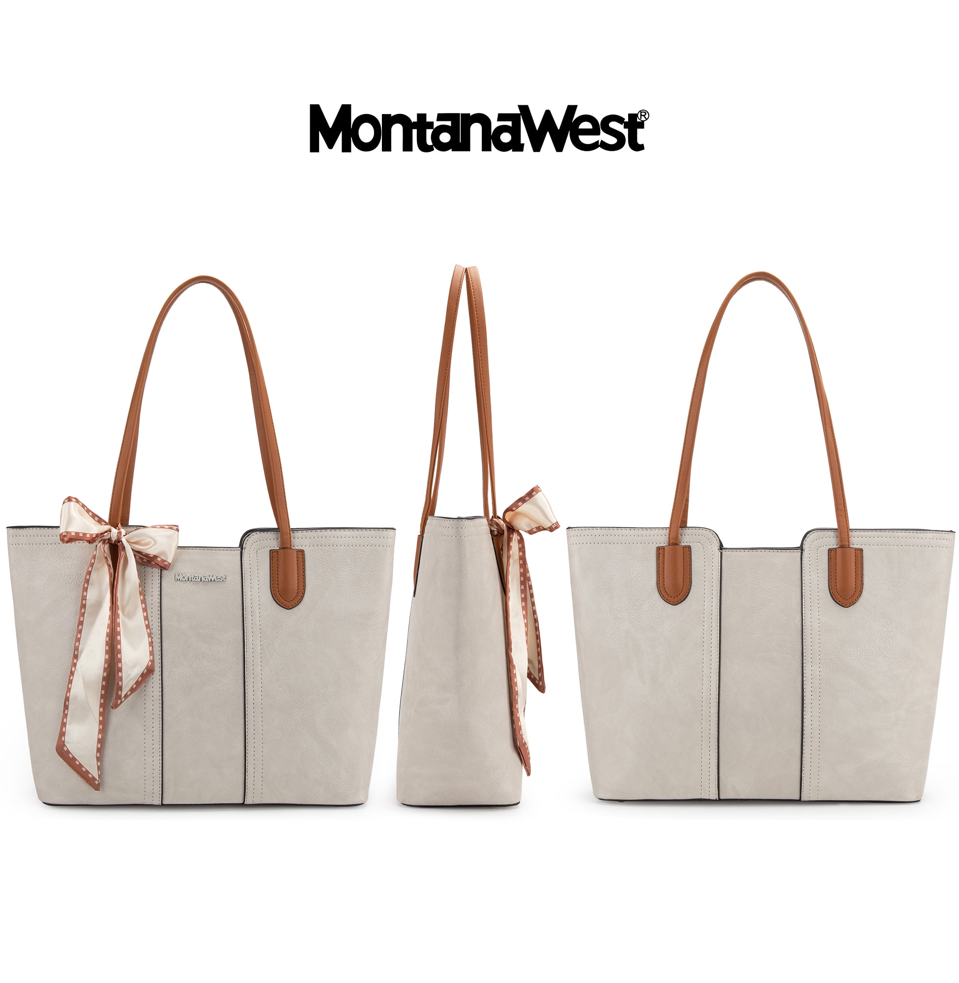 Montana West Tote Bags for Women Medium Top Handle Handbags with Scarf, Tan