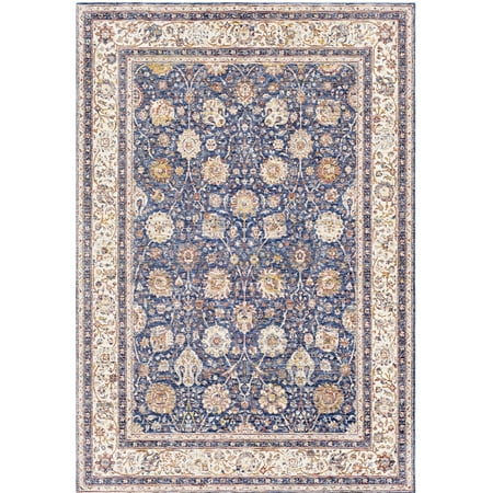 5' x 7'3" Floral Pattern Navy Blue and Brown Rectangular Polyester Area Throw Rug