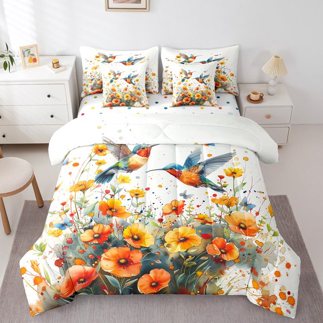 Erosebridal Hummingbird Bedding Sets Queen Size, Orange Floral Comforter Sets with Sheets, Butterfly Decor, Kids Teens
