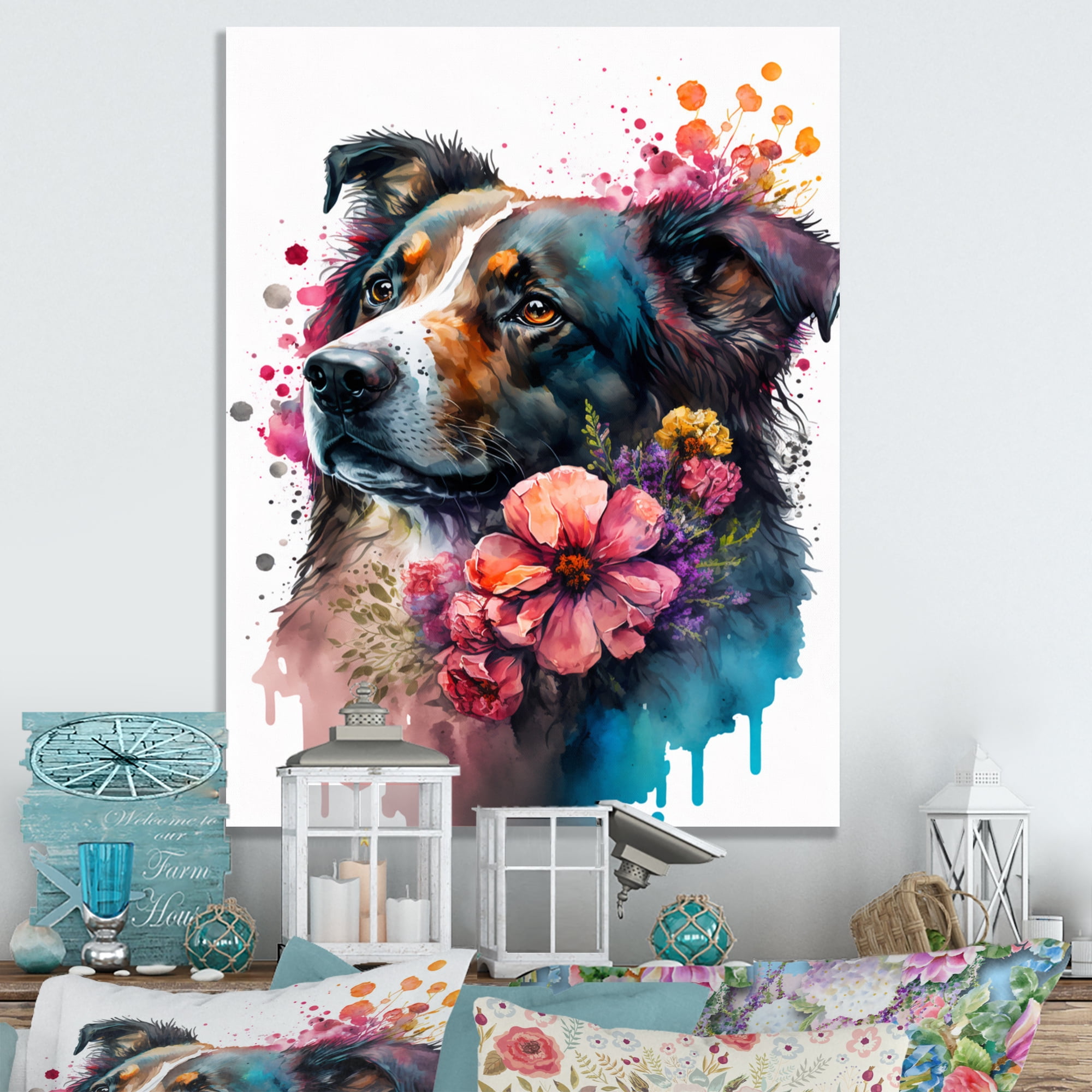 Designart Cute Dog Floral Art II Canvas Wall Art
