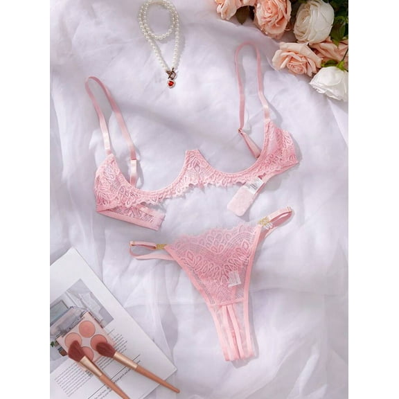 Open Cup Lingerie Pink Underwire Set Crotchless Sexy Underwear