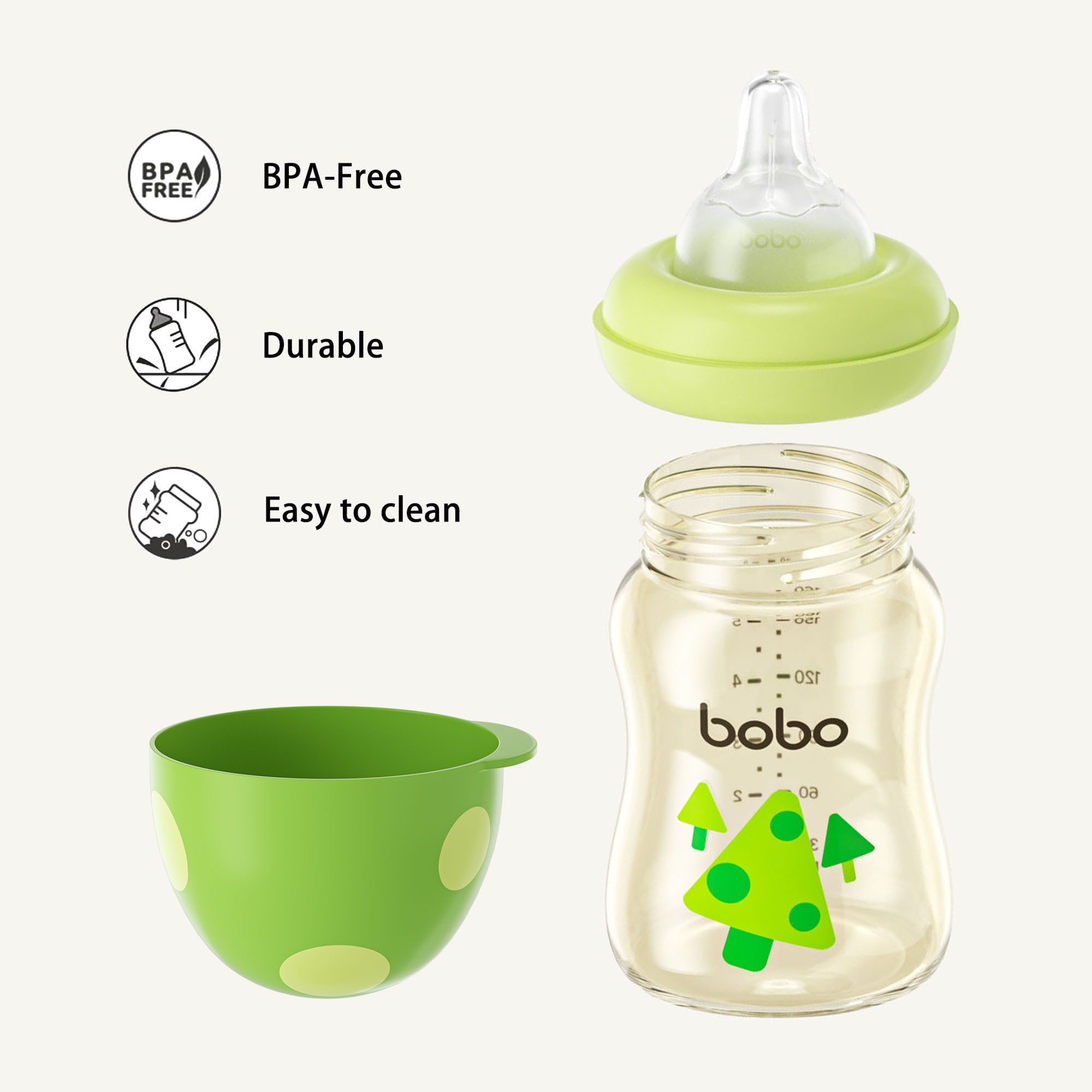 YOHKOH 5.4oz Baby Bottles,Mushroom Cap,Wide-neck,Natural Flow Nipple,0-3m+ Infant,Green