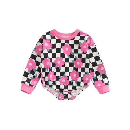 

Calsunbaby Newborn Toddler Baby Girl Romper Floral Print Long Sleeve Round Neck Checkerboard Flower 1pcs