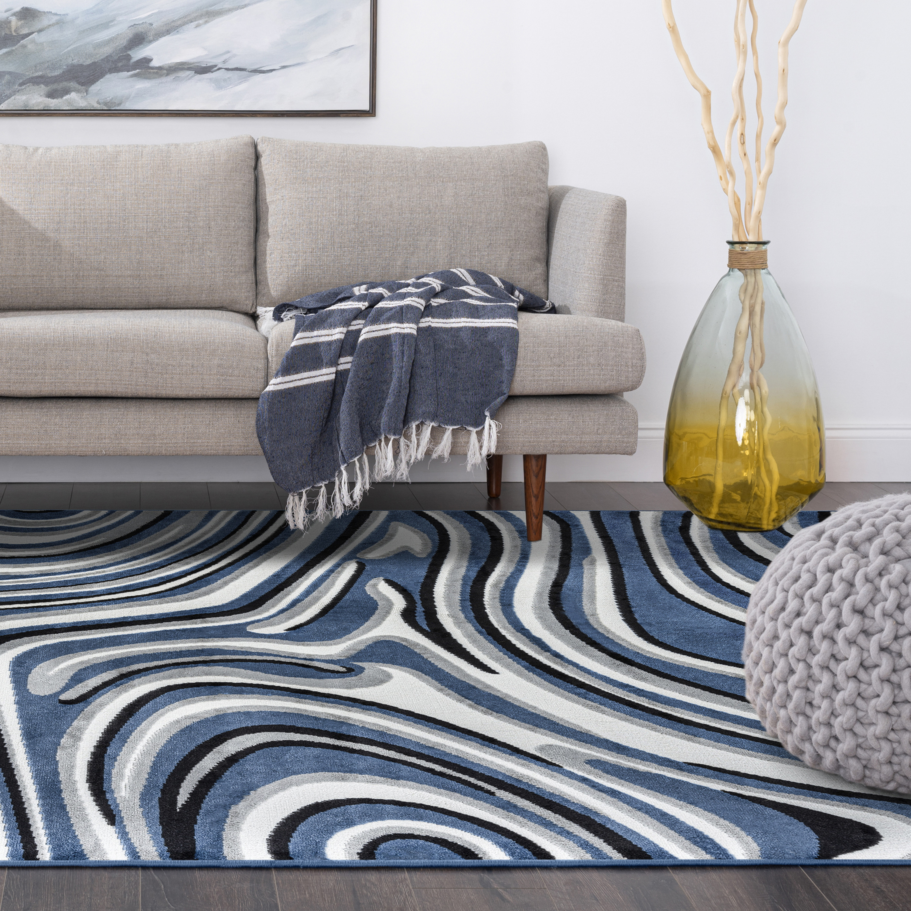 Contemporary 2x3 Area Rug (2' x 3') Abstract Blue, Charcoal Indoor Scatter Easy to Clean