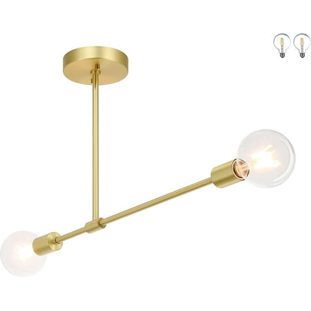 

KUSONG Semi Flush Mount Ceiling Light Vintage Sputnik Satin Brass Close to Ceiling with 2 LED Bulb for Bedroom Living Room XB-SF1234-2-SB-G30
