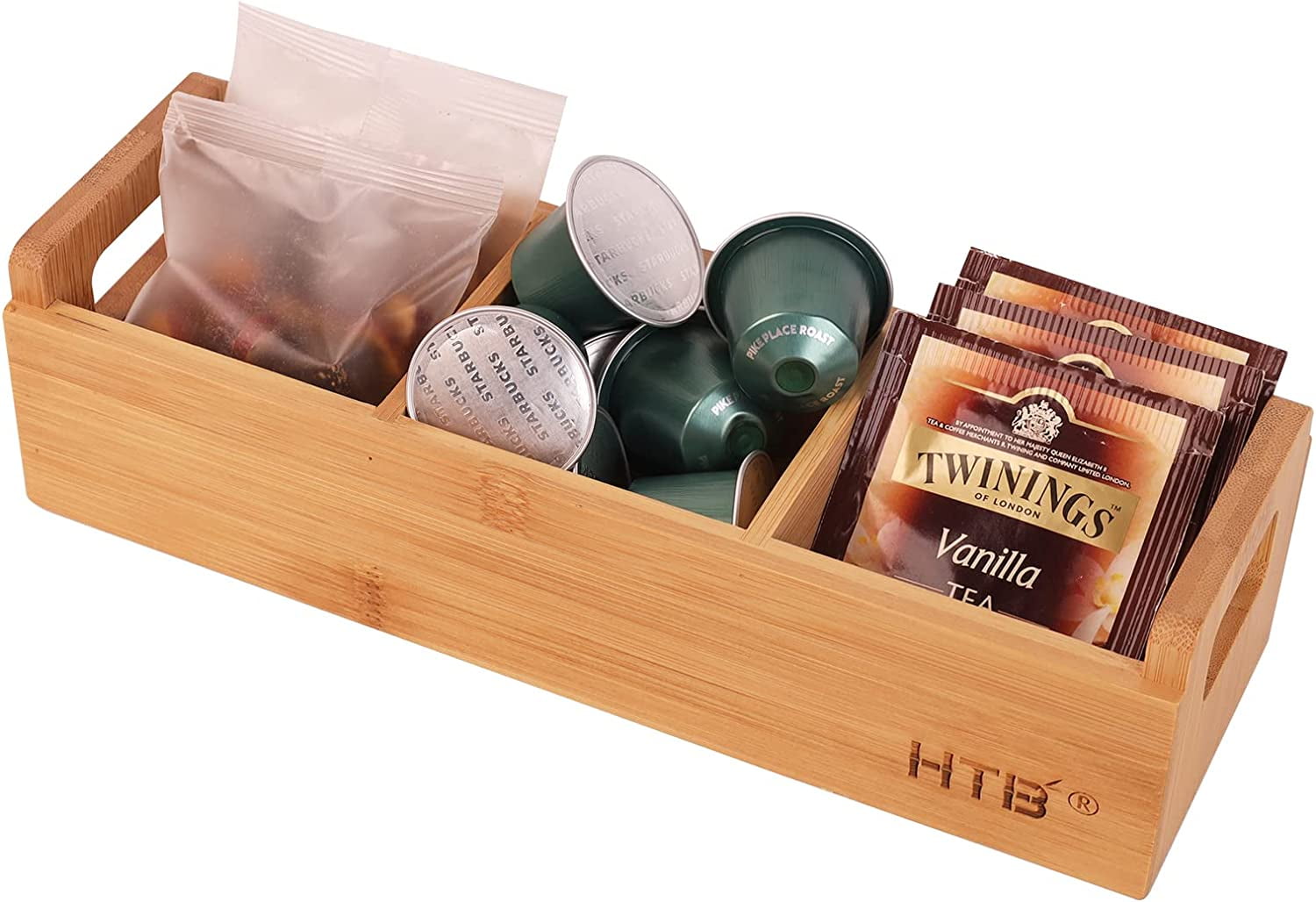 Small Tea Bag Holder by HTB, Bamboo Tea Organizer 3 Compartments for